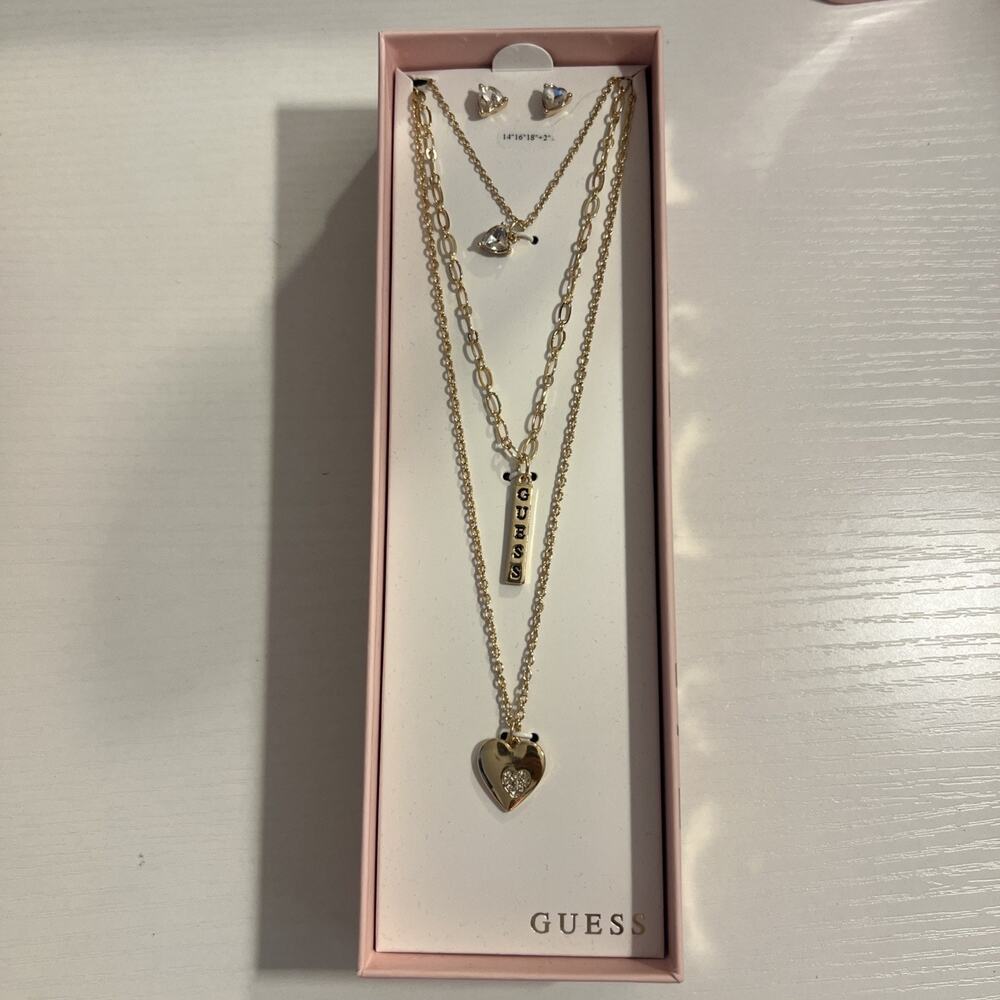 Guess goldtone layered Chain Necklace with heart pendants and earrings